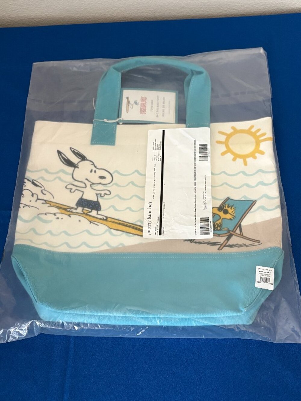 Pottery Barn Kids Peanuts Snoopy Woodstock Canvas Tote Bag Surf Beach Sealed